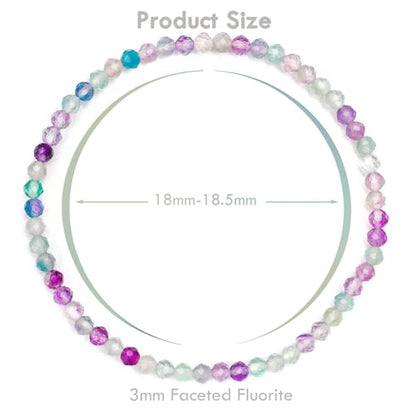 BONNY BOXX Natural Genuine Gemstone Faceted Round Beads Bracelets, 3mm Adjustable Stretchy Tiny Faceted Black Tourmaline Bracelet, Healing Crystal Reiki Chakra Dainty Jewelry Fashion Gifts - color: Fluorite