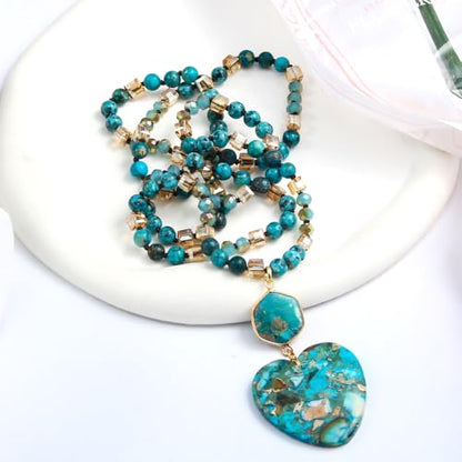 Yomisa Long Necklaces for Women Trendy, 33/34/35 inch | Boho Beaded Necklaces for Women, Natural Stone Pendant, Handmade Knotted Bead, Bohemian Holiday Summer Western Charm Jewelry - color: Love-Turquoise