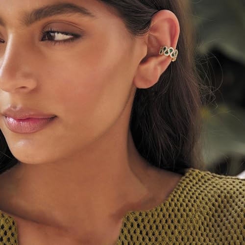 Gold Ear Cuff Earring for Women 14K Gold Plated Cubic Zirconia Non-Pierced Clip on Cartilage Chunky Ear Cuffs Hypoallergenic Jewelry - style: green cz / pair