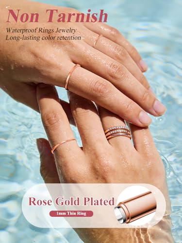 FOCALOOK 28 PCS Knuckle Ring Set 1MM Stainless Steel Women's Thin Plain Band Stacking Midi Finger Rings Set Comfort Fit Silver/Black/Gold/Rose Tone Size 4-10 - color: 03.Rose Gold Plated,7pcs
