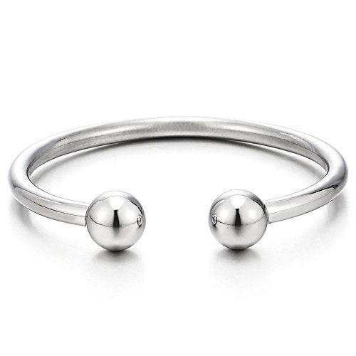 COOLSTEELANDBEYOND Elastic Adjustable Stainless Steel Ball Cuff Bangle Bracelet for Men Women Polished - color: Metal Color:Silver