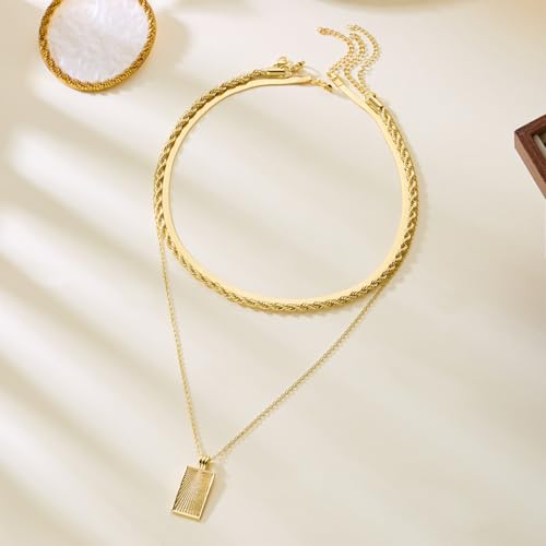 Gmai Layered Necklaces for Women Gold Plated 3/4/5 Piece Adjustable Stackable Necklace Set with Pearl Cross Coin Pendant Dainty Gold Silver Choker Chain Jewelry Gift for Her - style: rectangular pendant 3PC