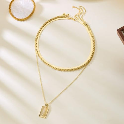 Gmai Layered Necklaces for Women Gold Plated 3/4/5 Piece Adjustable Stackable Necklace Set with Pearl Cross Coin Pendant Dainty Gold Silver Choker Chain Jewelry Gift for Her - style: rectangular pendant 3PC