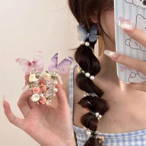 5pcs Telephone Wire Hair Bands Spiral Hair Ties,Pearl Telephone Cord Hair Ties Hair Scrunchies Decorative Hair Ties No Damage Ponytail Holders,Butterfly Flowers Beaded Hair Ties for Women Girl