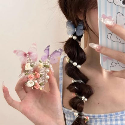 5pcs Telephone Wire Hair Bands Spiral Hair Ties,Pearl Telephone Cord Hair Ties Hair Scrunchies Decorative Hair Ties No Damage Ponytail Holders,Butterfly Flowers Beaded Hair Ties for Women Girl