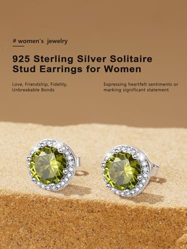 Bestyle Authentic 925 Sterling Silver 2 Carat Birthstone Earrings for Women, More Sparkle Heart/Round Solitaire Diamond Studs Earrings, Great Birthday/Christmas/Anniversary Jewelry for Wife Mother - color: 08. Aug.Peridot-Round