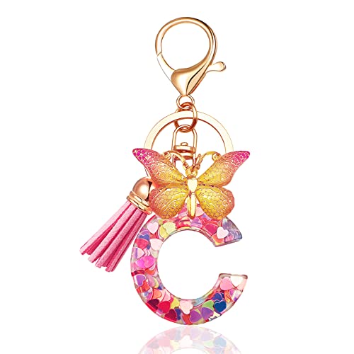 JINGUAZI Butterfly Initial Letter Keychain Bag Charms for Women | Cute pendant accessories for purses, handbags, backpacks, car keys, small gift for her young women, mothers, teachers - color: C-pink
