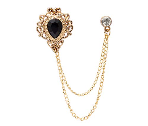 AN KINGPiiN Men's Stone Detailing with Engraving Metal Crystal Chain Brooch (Gold-Black)