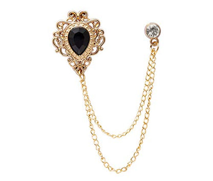 AN KINGPiiN Men's Stone Detailing with Engraving Metal Crystal Chain Brooch (Gold-Black)
