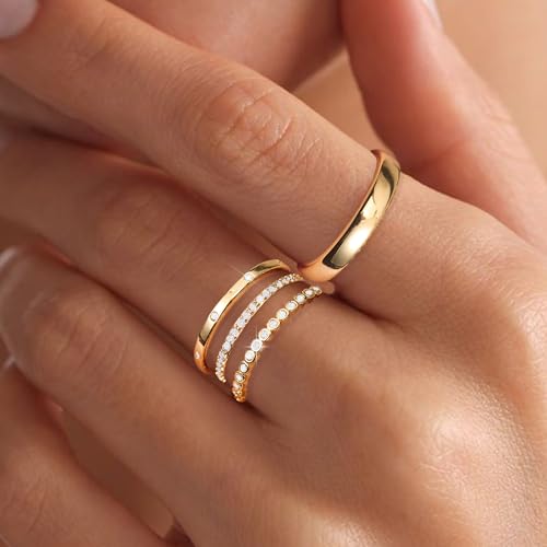 EXGOX Dainty Stackable Gold Rings - 14K Gold Plated, Non Tarnish Cubic Zirconia Stacking & Thumb Knuckle Rings (4pcs Size 7-11) - color: Gold Bands Rings, size: 11