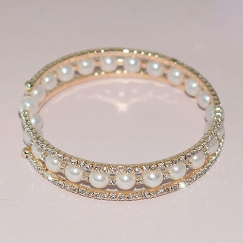 Pearl Stretch Cuff Bracelet for Women Adjustable Multilaye Rhinestone Crystal Bracelet Wedding Party Brides Bridesmaid Jewelry - color: Gold Style