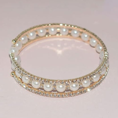 Pearl Stretch Cuff Bracelet for Women Adjustable Multilaye Rhinestone Crystal Bracelet Wedding Party Brides Bridesmaid Jewelry - color: Gold Style