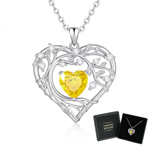 Gamtic Tree of Life Birthstone Pendant Necklace - Heart Cubic Zirconia Diamond Necklace Birth Month Necklaces Birthday Gift for Her Wife Mom Daughter Grandma Girlfriend Anniversary Jewelry Gift - style: November