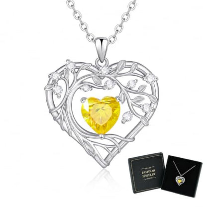 Gamtic Tree of Life Birthstone Pendant Necklace - Heart Cubic Zirconia Diamond Necklace Birth Month Necklaces Birthday Gift for Her Wife Mom Daughter Grandma Girlfriend Anniversary Jewelry Gift - style: November
