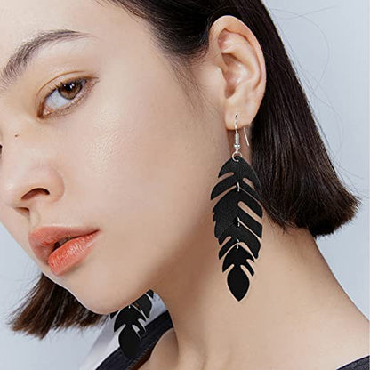 Handmade Unique Lightweight Bohemian Genuine Leather Leaf Dangle Drop Earrings Dainty Sparkly Chain Feather Hook Earring for Women Statement - color: Black