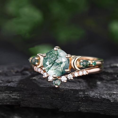 10K 14K 18K Rose Gold 2CT Natural Moss Agate Engagement Ring Set for Women 925 Sterling Silver Genuine Round Green Moss Agate Leaf Art Deco Bridal Wedding Ring Set (Size 4-15)