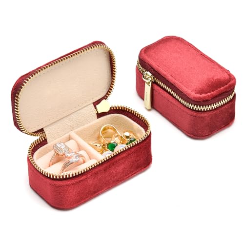 TAIMY Small Travel Jewelry Case, Mini Tiny Plush Velvet Jewelry Box for Women and Girls, Pocket Size Jewelry holder organizer for Rings Earrings and Small Items(Burgundy) - color: Mini-Burgundy