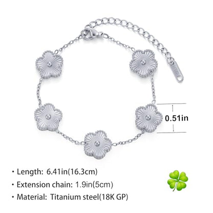 TICVSS Four Leaf Clover Bracelet for Women 18K Gold Plated Stainless Steel Lucky 4 Leaf Gold Link Bracelet Jewelry Gift for Women - color: Silver