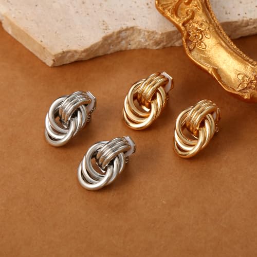 FANZE 2 Pairs Matte Gold Sliver Clip on Earrings for Women No Piercing | No Piercing Button Earring Comfortable Fashion Jewelry Gift - color: Gold/Silver2