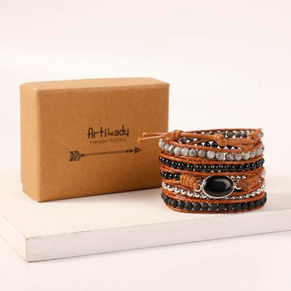 Artilady Leather Wrap Bracelet for Women, Pearl Beaded Bangle Stack Jewelry | Easy on-off, Elegant Handmade Multi-Layered, Daily Casual Date Beach Vacation, Gift for Ladies, Mother, Sister & Friend - style: Black stone