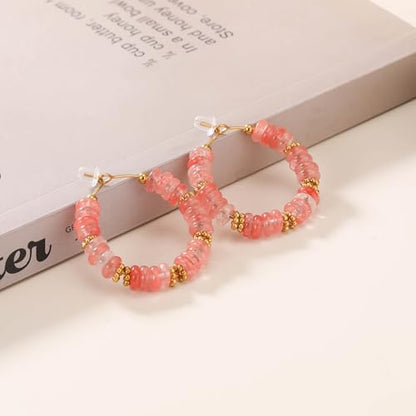 Wellike Beaded Hoop Earrings for Women Natural Stone Pink Gold Huggie Earrings Hypoallergenic Dainty Waterproof Trendy Jewelry - color: Rose Pink, size: 35mm
