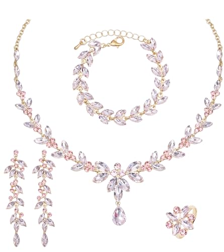 CSY Elegant Bridal Jewelry Sets Wedding Prom Homecoming Gown Accessories | Austrian Marquise Crystal Wedding Necklace Dangle Earrings Tennis Bracelet Ring Set for Bride Women Costume Accessories - color: light pink - gold tone