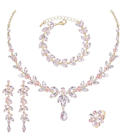 CSY Elegant Bridal Jewelry Sets Wedding Prom Homecoming Gown Accessories | Austrian Marquise Crystal Wedding Necklace Dangle Earrings Tennis Bracelet Ring Set for Bride Women Costume Accessories - color: light pink - gold tone