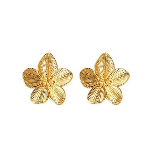 Chunky Gold Plated Flower Statement Drop Earrings for Women | Hypoallergenic 18K Gold Plated Textured Petal Wing, Large Statement Dangle Earrings for Wedding Party - color: Gold flower-A