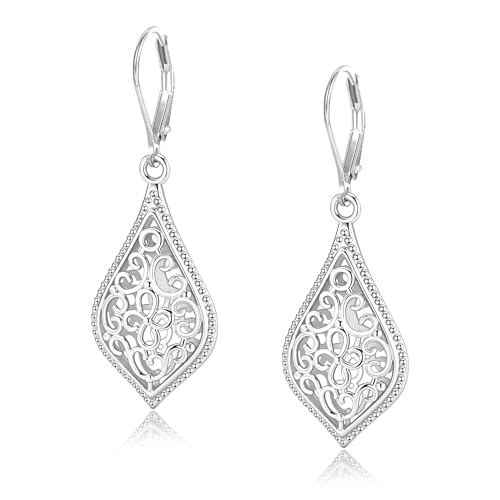 BOUTIQUELOVIN Filigree Dangle Earrings for Women Drop Earings | 14K Gold Plated Geometric Dangling Leverback Earrings Silver Hypoallergenic Dangly Earings Lightweight Daily Jewelry Gifts - color: C-Silver