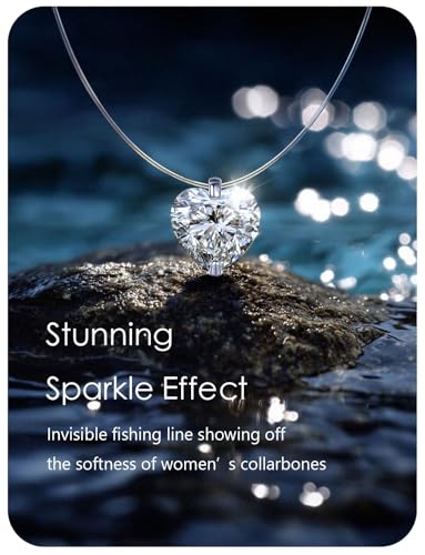 Teardrop 925 Silver CZ Floating Pendant Necklace 16 Inch Cubic Zirconia Invisible Necklace, Hypoallergenic, Jewelry Gifts for Women Anniversary Birthday - color: Heart-Shaped