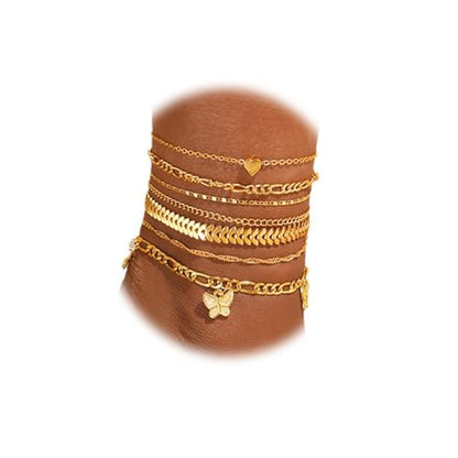 Adjustable Waterproof Layered Bracelets for Women Summer Beach Cuban Link Chain Anklets Set Herringbone Paperclip Beaded Snake Chain Stackable Anklet Stainless Steel Jewelry Bracelet - color: 7PCS-Gold