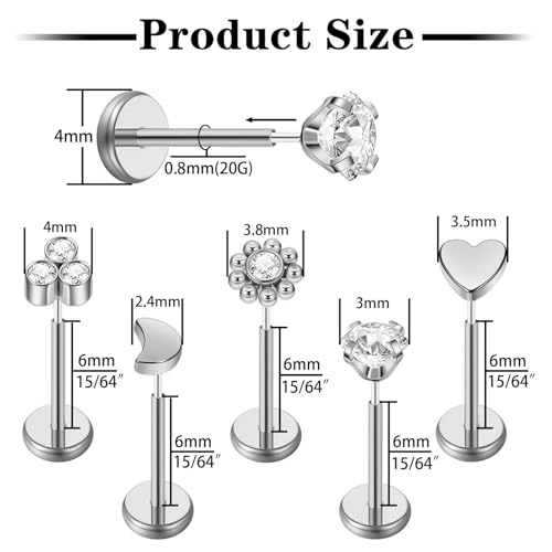 Uni-J 10pcs 20G/18G/16G Threadless Push-in Tragus Conch Cartilage Flat Back Helix Labret Monroe Lip Ring Daith Piercing Jewelry - color: 20G Silver 6mm