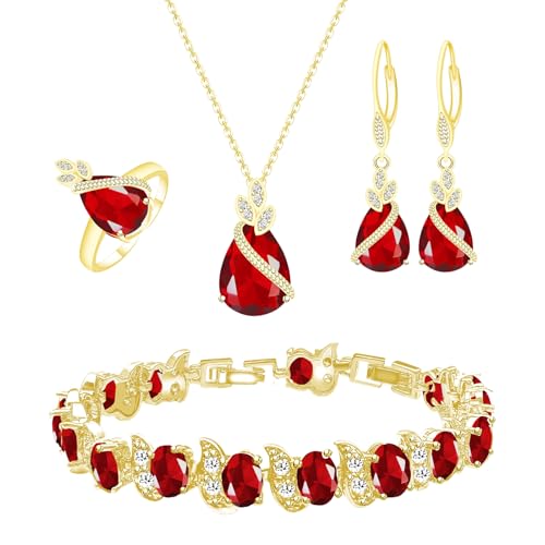 GZWHD Jewelry Set for Women CZ Earrings Necklace Ring Bracelet Set Prom Party Wedding Jewelry Gift for Mother Friend Wife - color: A-Gold-Ruby