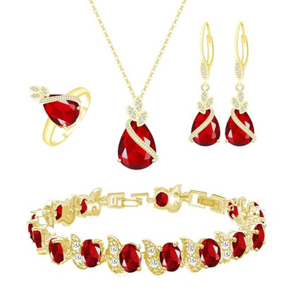 GZWHD Jewelry Set for Women CZ Earrings Necklace Ring Bracelet Set Prom Party Wedding Jewelry Gift for Mother Friend Wife - color: A-Gold-Ruby