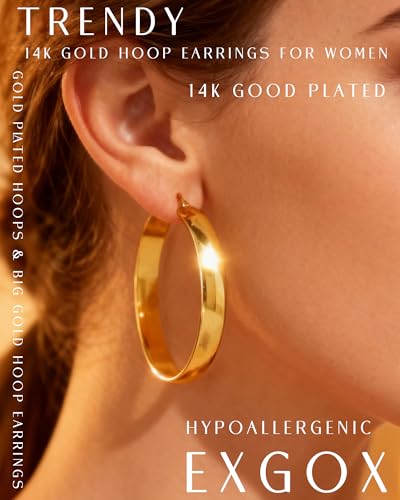 EXGOX 5mm Wide Gold Hoop Earrings for Women,Sterling Silver Hoop Earrings Large Silver Hoop Earrings Hypoallergenic Lightweight 14K Real Gold Plated Big Hoop Earrings for Women 30/40/50/60/70mm - color: 8MM-Gold Hoop-50mm