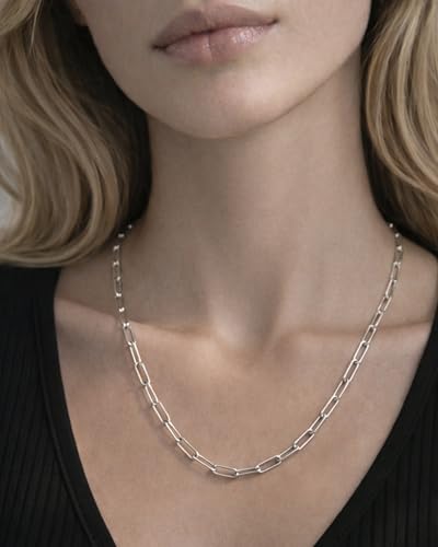 Paperclip Chain Necklace for Women | Sterling Silver or 14K Gold Plated | 2.8mm 3.2mm 5.5mm | 16–30 Inch Italian Link Layering Chain - color: Sterling Silver – 3.2mm