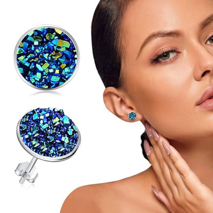 Silver-tone Faux Druzy Stud Earrings，925 Sterling Silver Hypoallergenic Natural Gemstone Earrings for Women Trendy Fashion - color: Blue