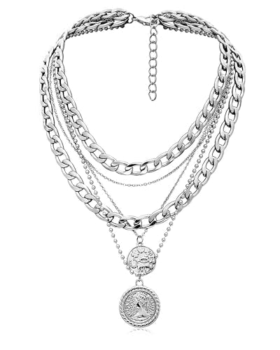 MJartoria Layered Necklaces for Women Trendy Retro Coin Pendant | Dainty Chunky Chain, Choker Necklaces, Jewelry Birthday Gifts - color: Silvery, style: A-Retro Coin-5 in 1 Layered
