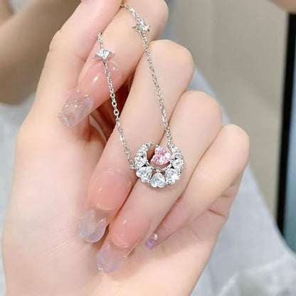 925 Sterling Silver Necklace for Women Trendy, Charming Layered Necklace with Cubic Zirconia Pendant for Her Womens Dainty Diamond Choker Necklaces Holiday Jewelry Gifts for Mom Wife Daughter Lover - color: Moon-Pink