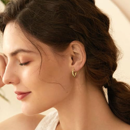 AllenCOCO Gold Hoop Earrings for Women, 18K Gold Plated Twisted Rope Design, Textured Thin Round Hoops with Sterling Silver Post Hypoallergenic 20-70mm - size: 20mm