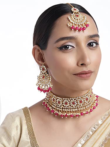 Aheli Faux Pearl Choker Necklace with Earrings Indian Traditional Bollywood Jewelry Set Gift for Women - color: Rani Pink & White