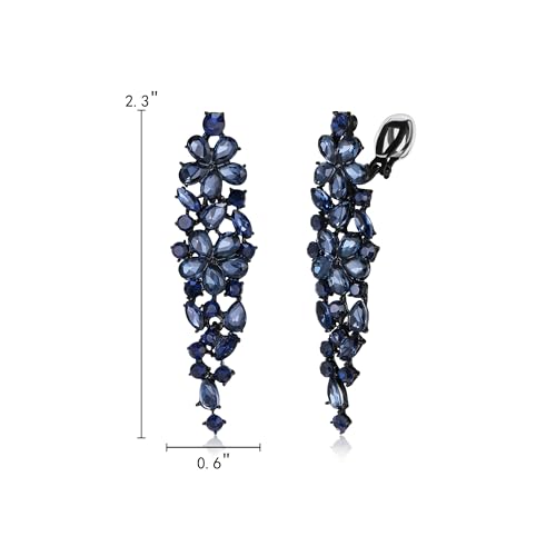 EleQueen Women's Sparkle Statement Clip-On Chandelier Earrings | Marquise Crystals Earrings for Women, Art Deco Prom Jewelry for Wedding Bride Bridesmaid - color: Ink Blue Black-Tone