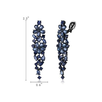 EleQueen Women's Sparkle Statement Clip-On Chandelier Earrings | Marquise Crystals Earrings for Women, Art Deco Prom Jewelry for Wedding Bride Bridesmaid - color: Ink Blue Black-Tone