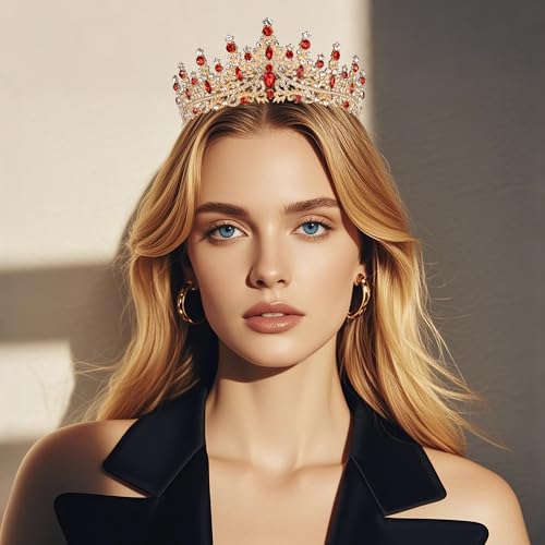 Tiaras and Crowns for Women Crystal Princess Tiaras Rhinestone Queen Crowns For Wedding Bridal Birthday Prom Pageant Party (Tiara 100) - color: Gold Red