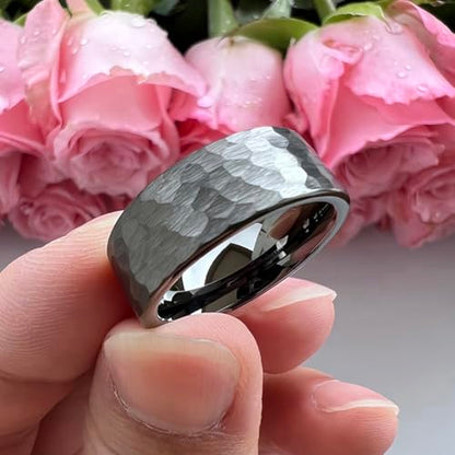TUTISS 6mm 8mm Silver/Black/Gunmetal/Gold/Rose Gold Hammered Tungsten Rings for Men Women Couple Fashion Jewelry Engagement Wedding Bands Matte Finish Comfort Fit - color: 8mm Gunmetal Tungsten