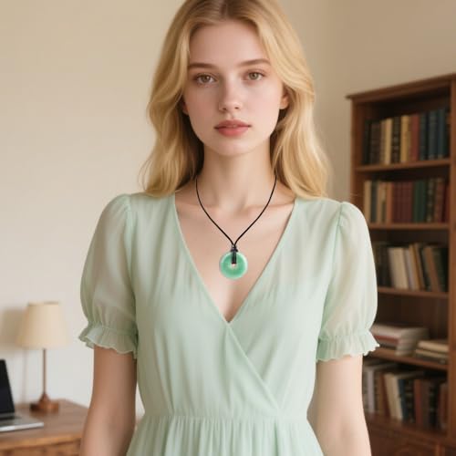 Anjiucc Natural Gemstone Pendant Necklce Lucky Coin Crystal Necklace Donut Pendnat with Adjustable Rope Healing Crystal for Men - color: Green Aventurine
