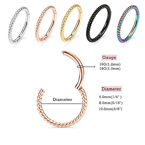 MissNity 316L Surgical Steel Hinged Nose Rings Hoop 20G 18G 16G 14G, Diameter 6mm to 10mm, Color Gold - Rose Gold - Silver - Black - Rainbow - color: C21: Rose gold - 1pc
