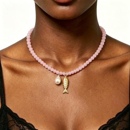 Fish Shell Necklace for Women, Beaded Necklaces Boho Statement Necklace, Pearl Necklaces Summer Beach Vacation Dress & Costume Jewelry - color: Pink- fish
