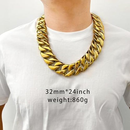 SDA Wide Chunky Gold Chain Necklace - Heavy and Waterproof 316L Surgical Steel with 18K Gold Plating for Modern Men and Women into Hip Hop Fashion - color: B476-32mm-Gold