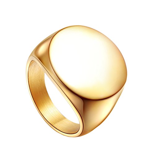 HIJONES Mens Stainless Steel Signet Ring Matte Brushed Square | Simple Statement ,Wedding Band,Polished Round - color: 22mm-Gold